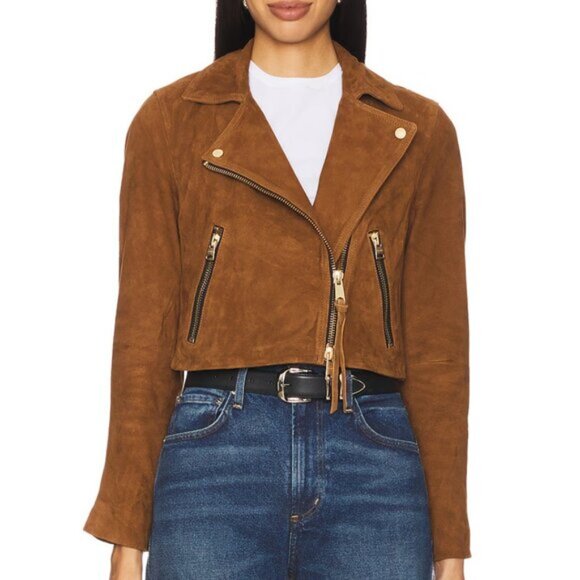 NWT AllSaints Dalby Cropped Suede Biker Jacket (SUGAR BROWN) US 10 - Picture 6 of 10